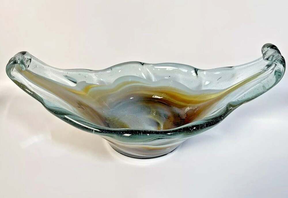 Murano Style Hand Blown Oblong Amber and White Art Glass Dish Bowl 11.5"